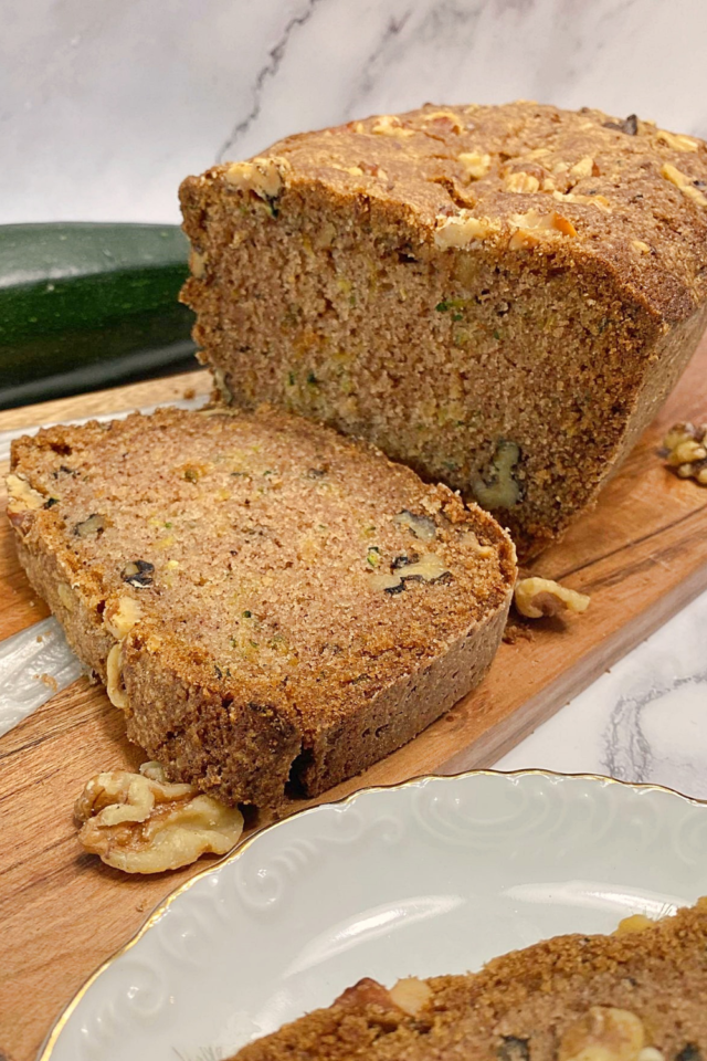 A loaf of zucchini bread sliced.